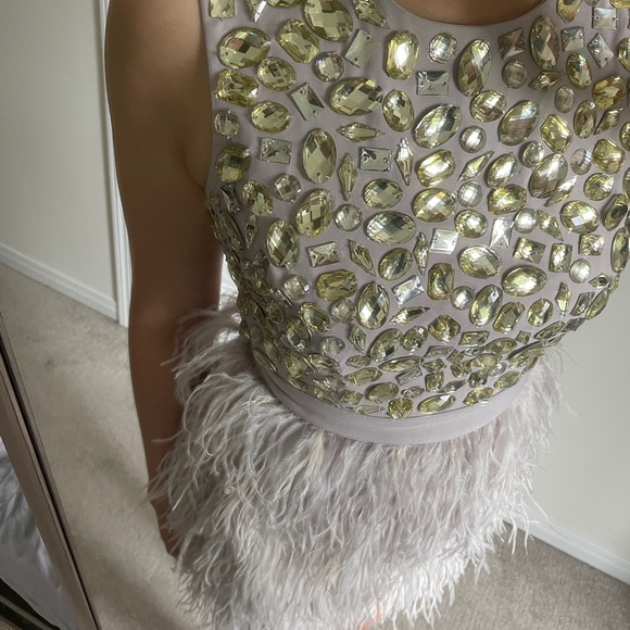 BEBE Rhinestone Beaded Feather Dress in Magnolia Frost Size US 4 - Picture 4 of 11